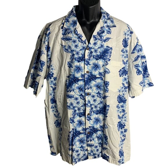Vintage 90s Two Palms Hawaiian Camp Shirt 2XL White Floral Buttons Chest Pocket - Picture 1 of 6